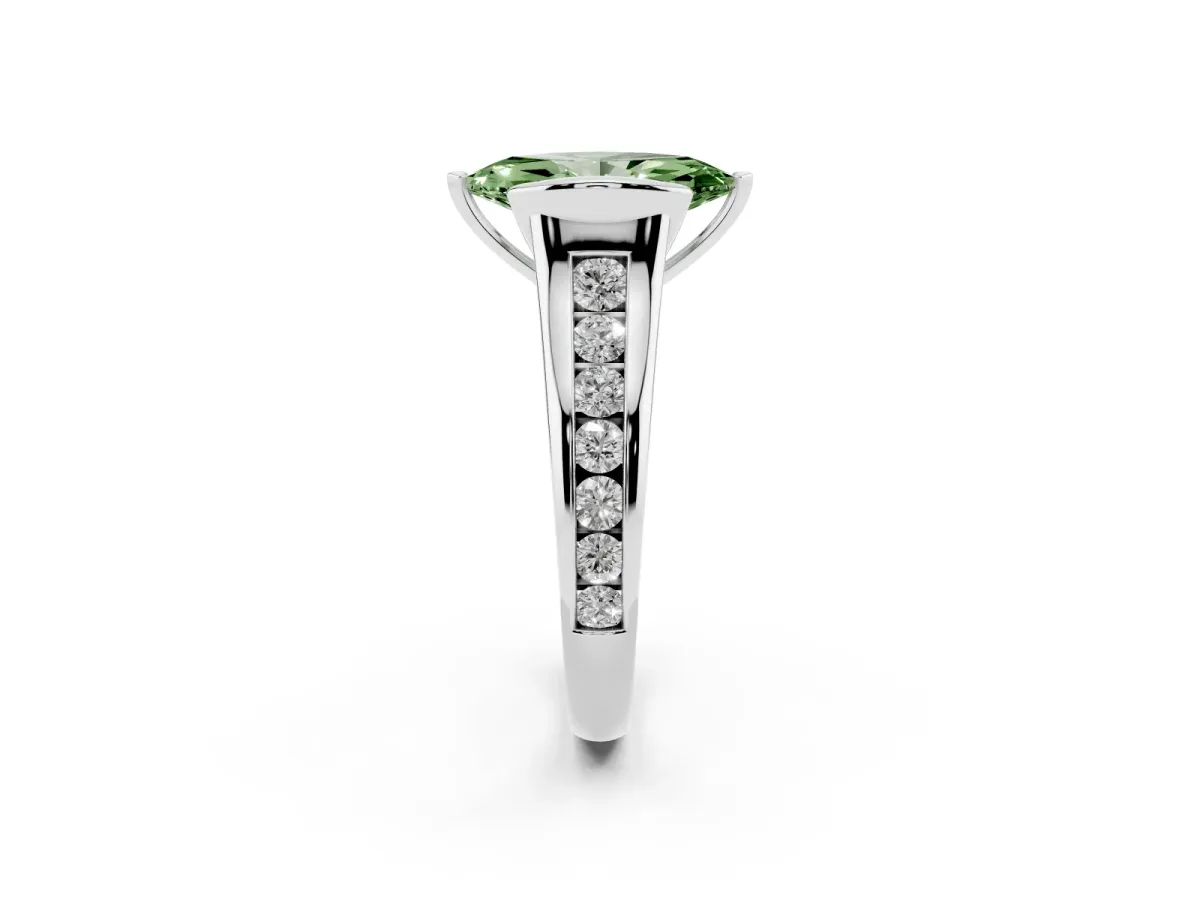 Fancy Green Marquise Cut Solitaire Bezel-Set Diamond Ring with Channel-Set Band Silver