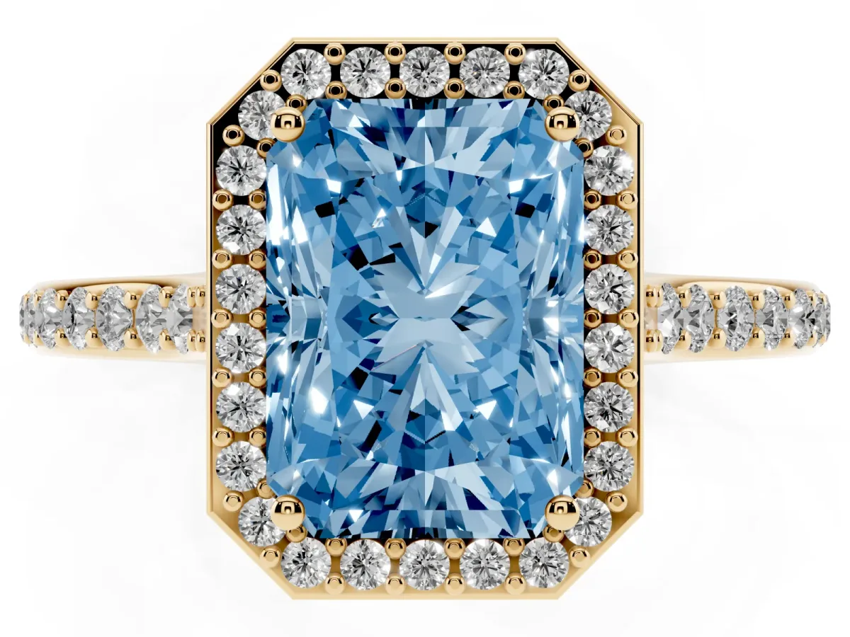 Fancy Blue Radiant Cut Diamond Halo Engagement Ring with Round Pavé Shoulders and Prong Setting Yellow gold