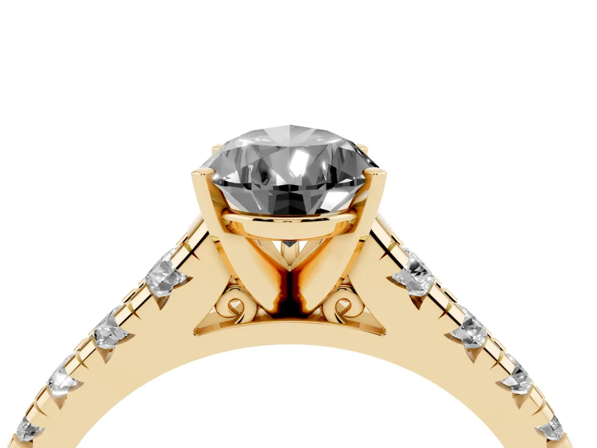 Fancy Black Pear Cut Diamond Cathedral Solitaire Ring with Round Pavé Band Yellow gold