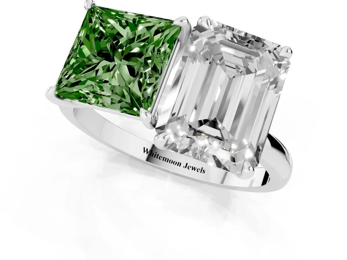 Fancy Green Princess Cut and Emerald Cut Toi Moi Ring with Prong Setting Silver