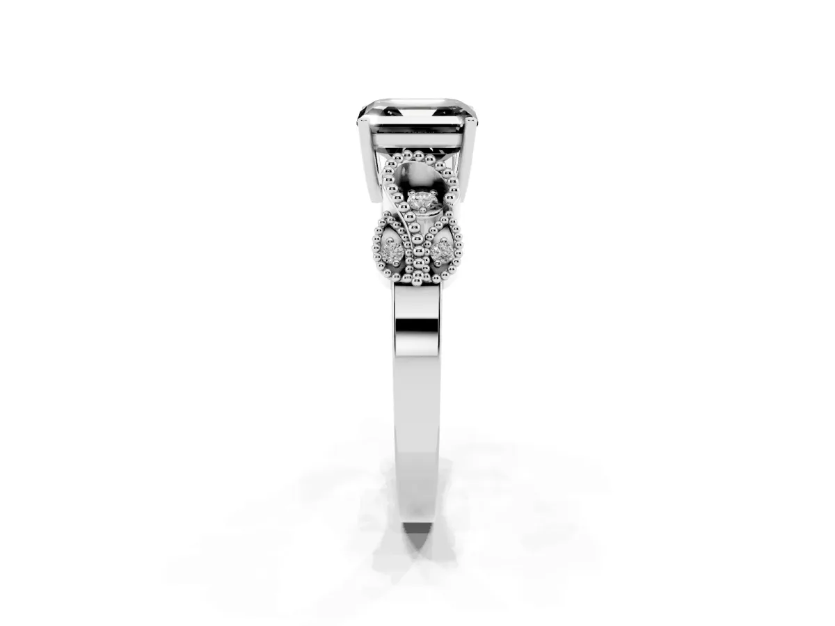 Fancy Black Asscher Cut Solitaire Milgrain Leaf Band with Prong Setting White gold