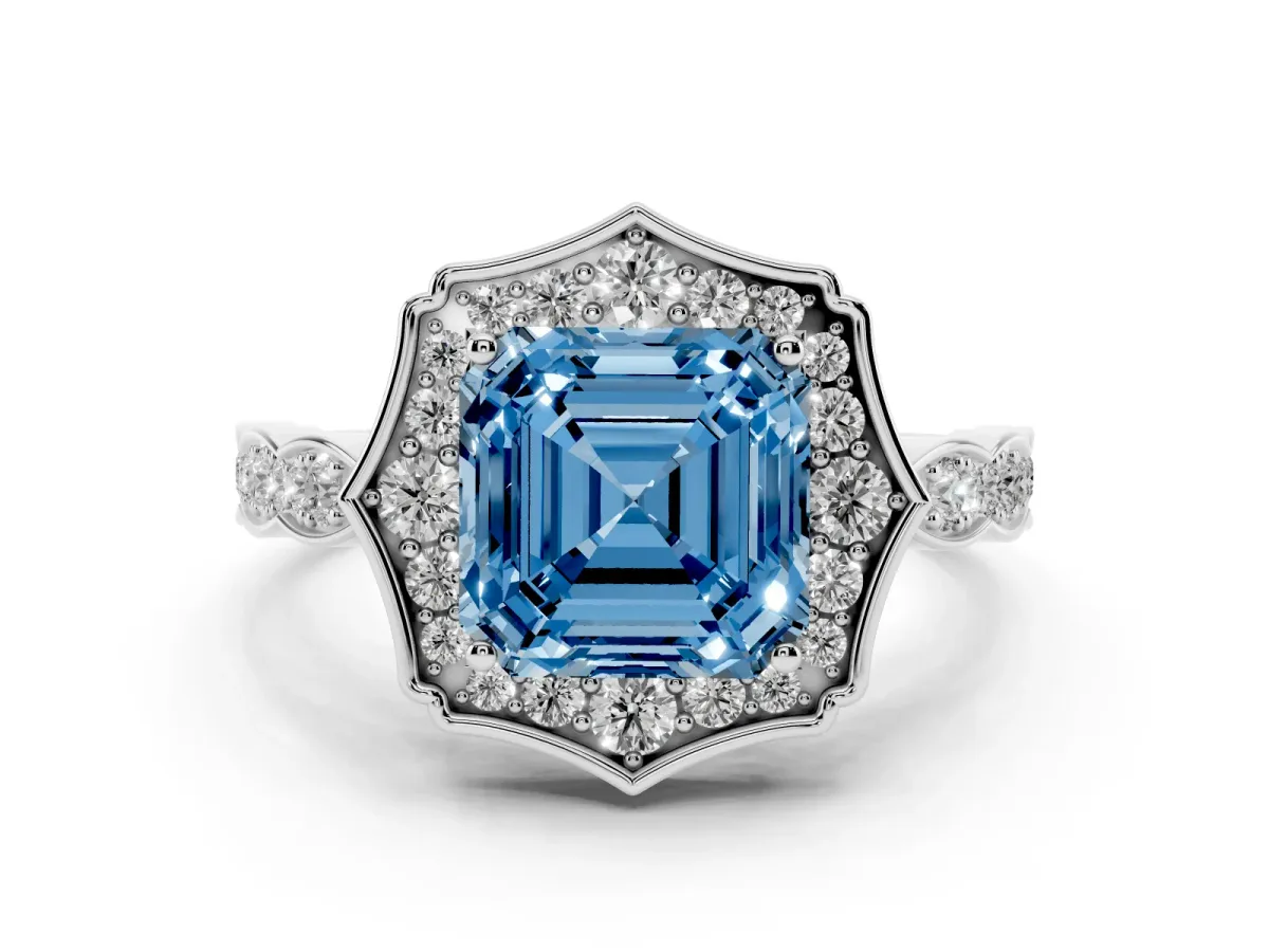 Fancy Blue Asscher Cut Halo Diamond Engagement Ring with Milgrain Band and Four-Prong Setting Silver
