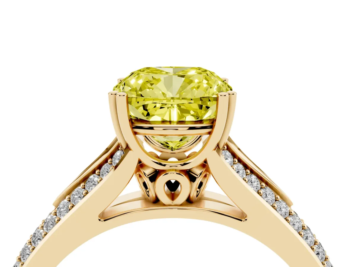 Fancy Yellow Cushion Cut Diamond Split Shank Engagement Ring with Pavé Band Yellow gold