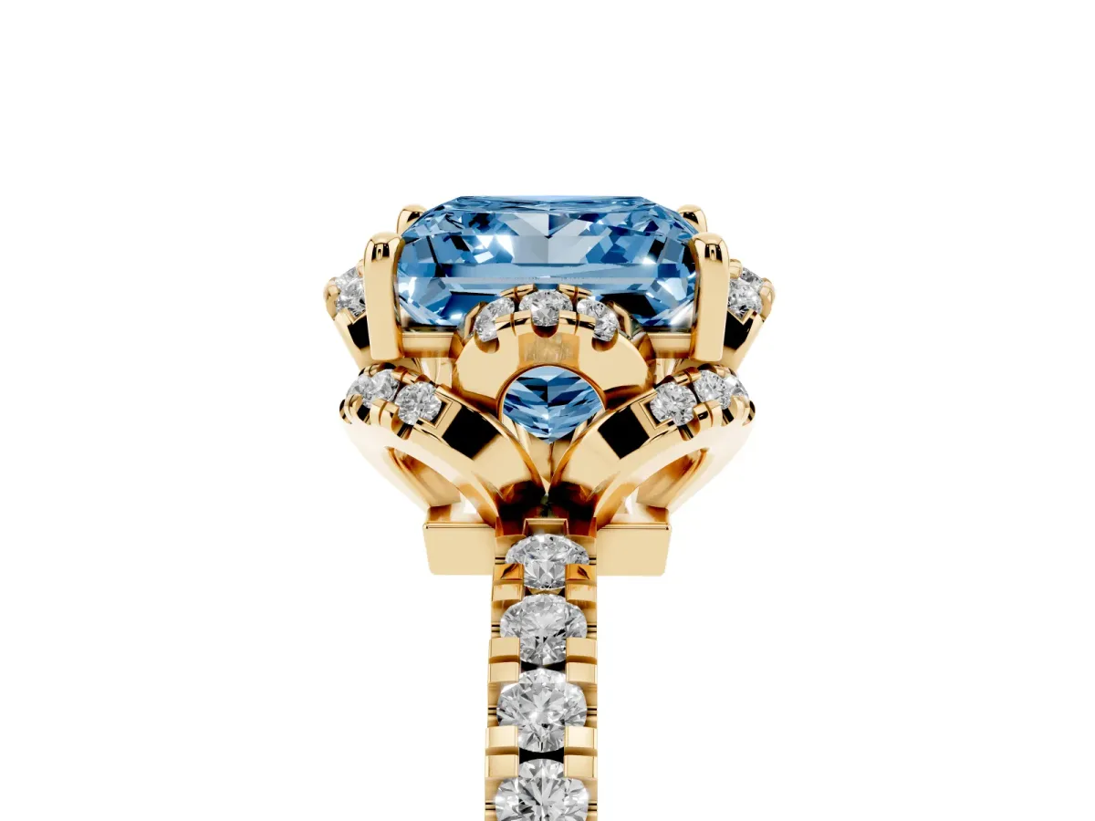 Fancy Blue Princess Cut Halo Diamond Pave Band Ring with Four-Prong Setting Yellow gold