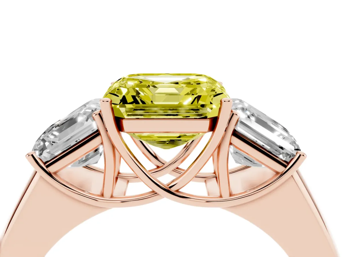 Fancy Yellow Three-Stone Asscher Cut Cut Diamond Ring with Prong Setting and Classic Band Rose gold