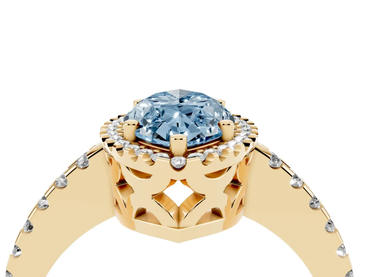 Fancy Blue Marquise Cut Diamond Halo Engagement Ring with Pavé Band and Prong Setting Yellow gold