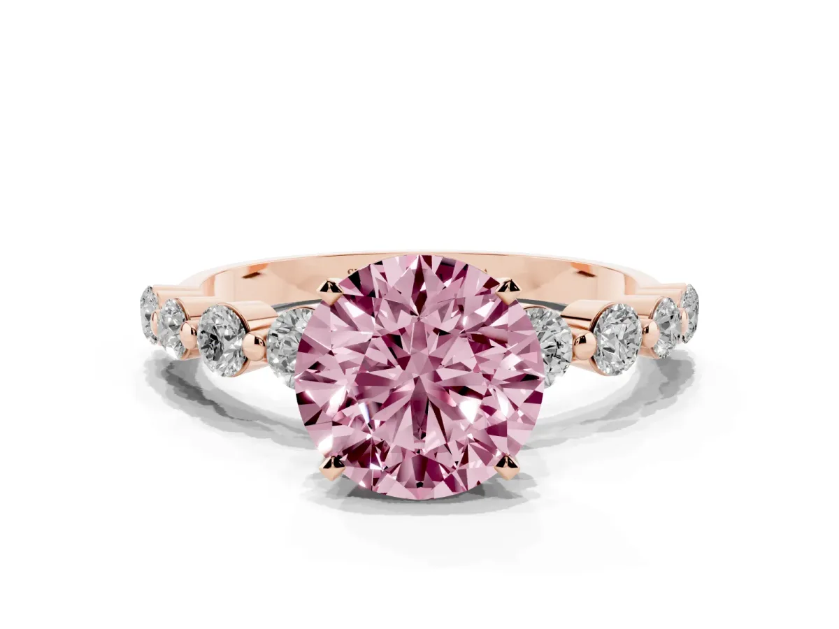 Fancy Pink Round Cut Solitaire Diamond Ring with Pave Band and Four-Prong Setting Rose gold