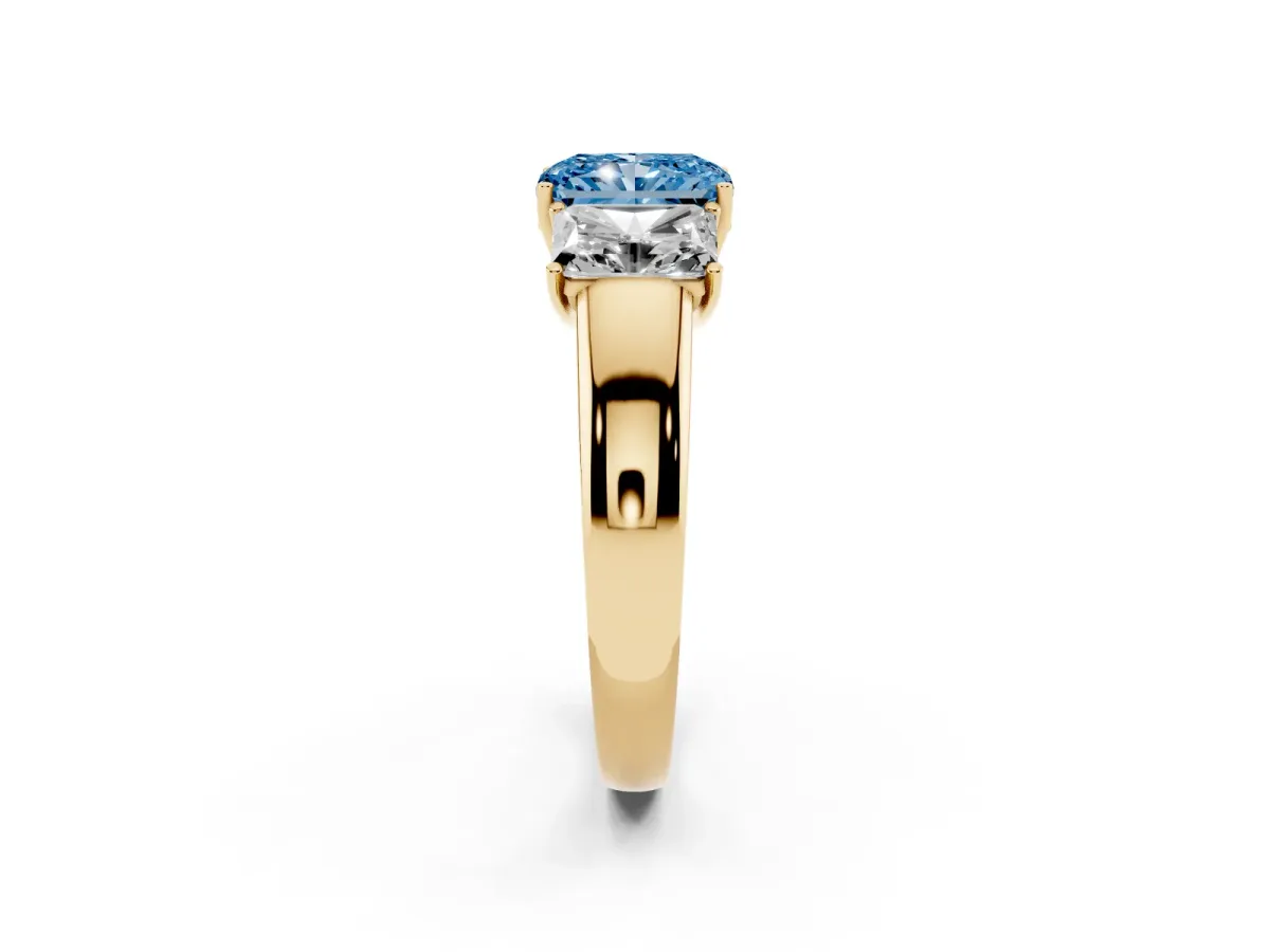 Fancy Blue Three-Stone Radiant Cut Cut Diamond Ring with Prong Setting and Classic Band Yellow gold