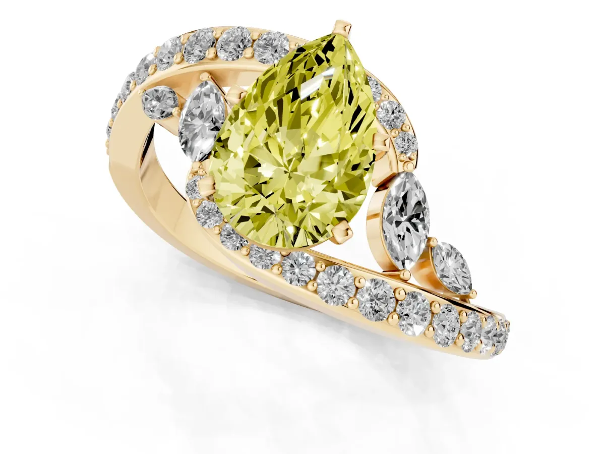 Fancy Yellow Pear Cut Solitaire with Pavé Twist Band and Four-Prong Setting Yellow gold