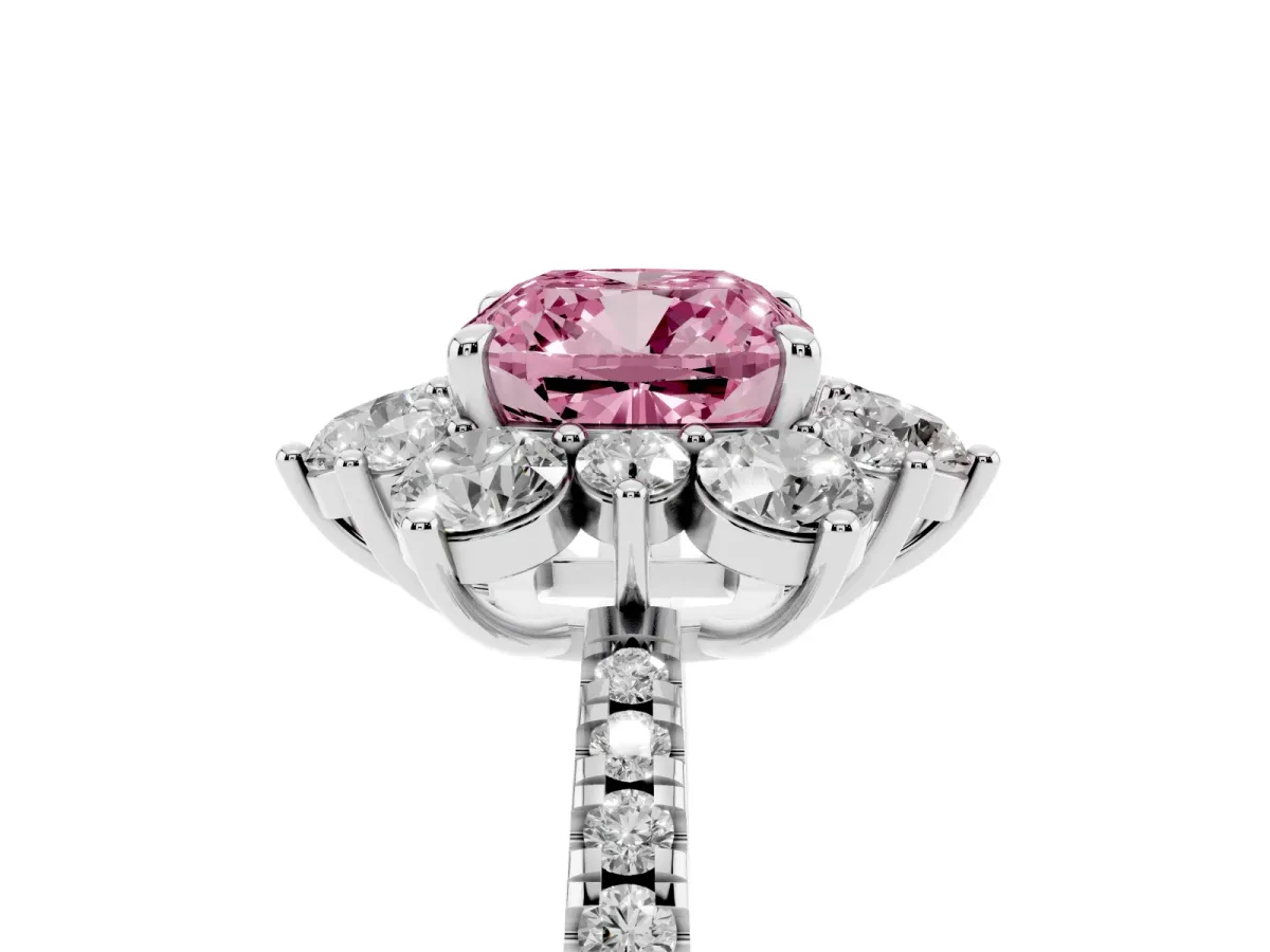 Fancy Pink Cushion Cut Diamond Floral Halo Ring with Round Pavé Band and Prong Setting Silver