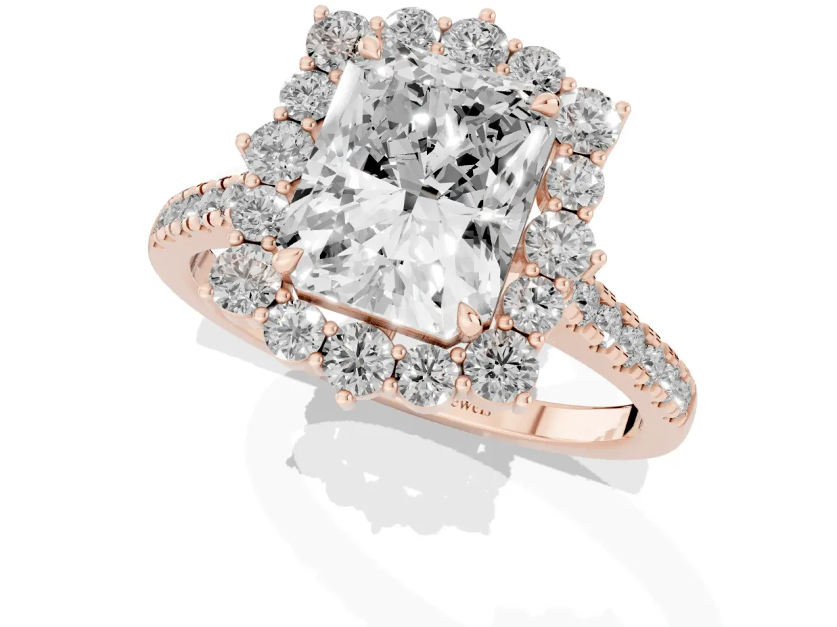 Radiant Cut Halo Diamond Ring with Pavé Band and Prong Setting Rose gold
