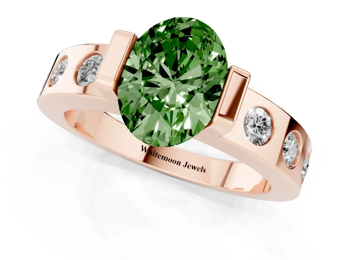 Fancy Green Oval Cut Brilliant Channel-Set Diamond Ring with Bezel Prong Setting Rose gold