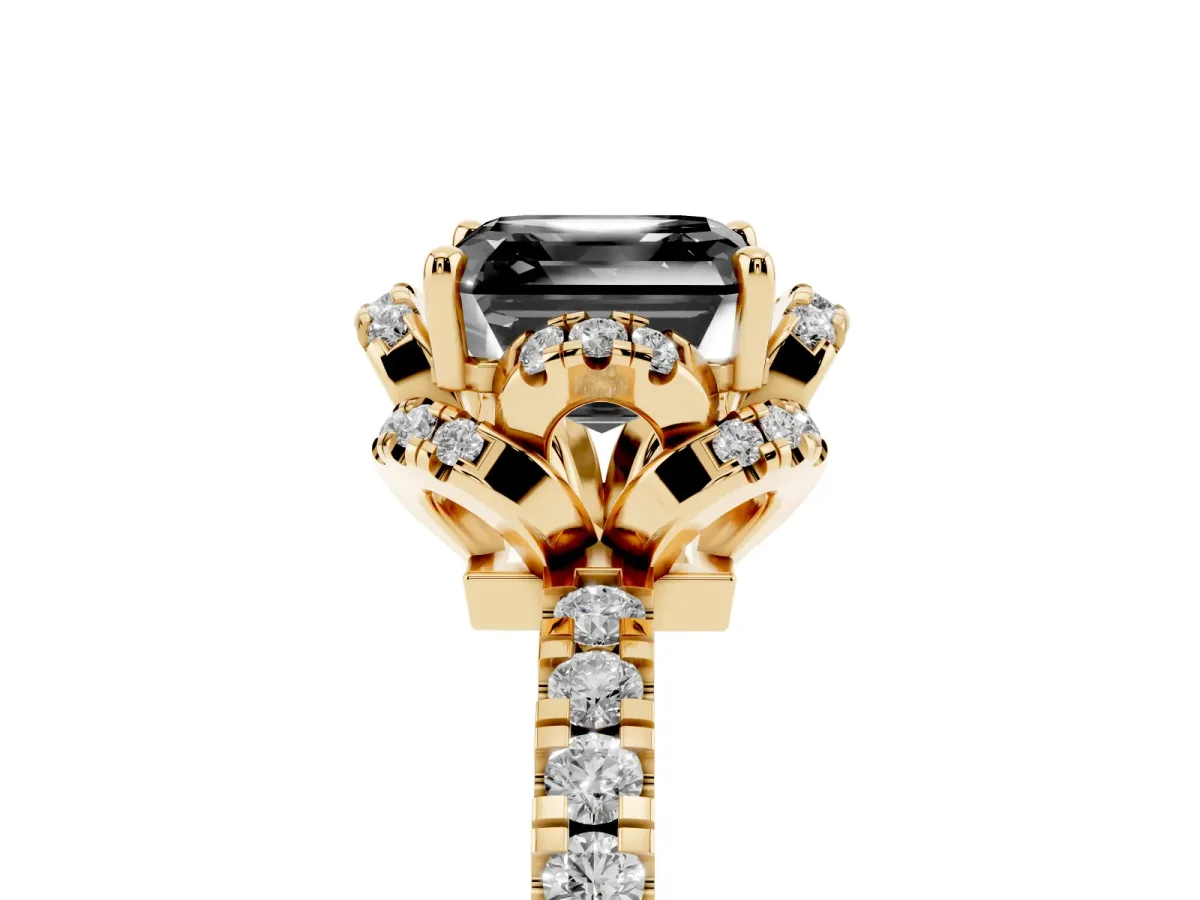 Fancy Black Asscher Cut Diamond Halo Pave Band with Four-Prong Setting Yellow gold