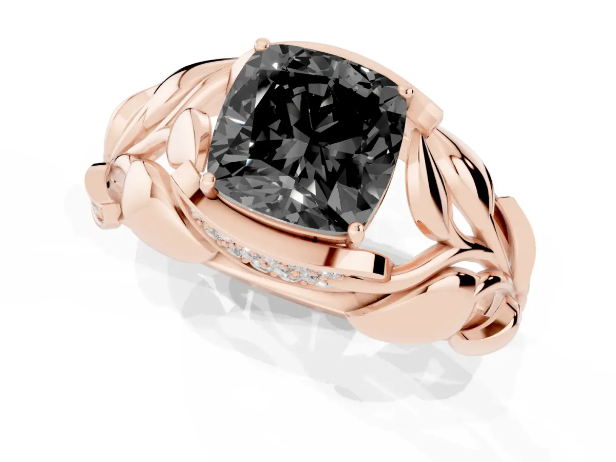 Fancy Black Cushion Cut Diamond Leaf-Inspired Engagement Ring with Round Accents and Prong Setting Rose gold