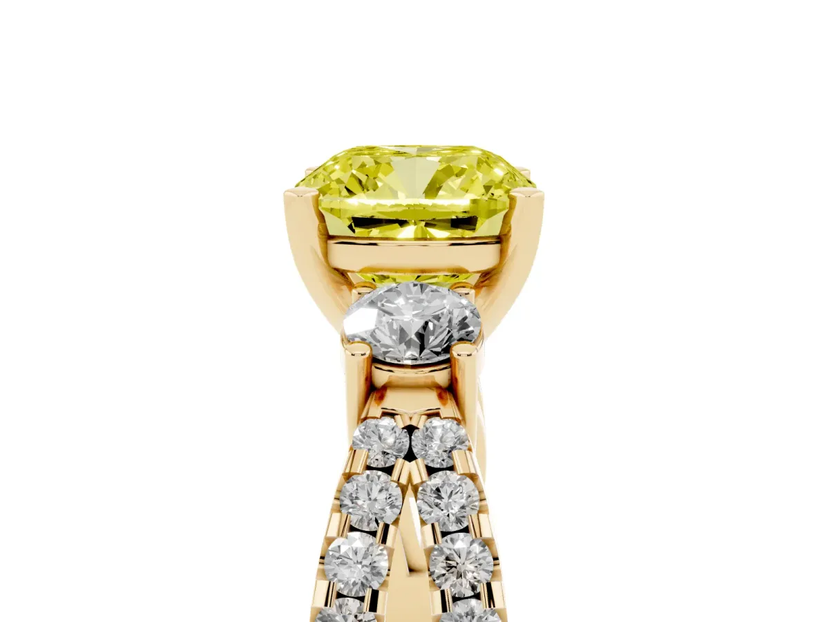Fancy Yellow Cushion Cut Diamond Three-Stone Ring with Pavé Split Shank and Four-Prong Setting Yellow gold