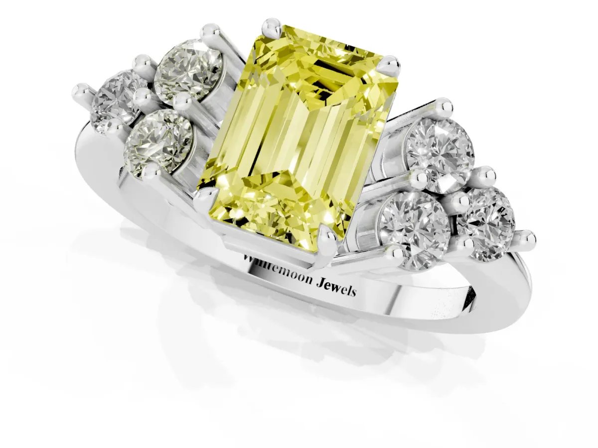 Fancy Yellow Emerald Cut Brilliant Diamond Cluster Accent Solitaire Ring with Prong Setting White gold