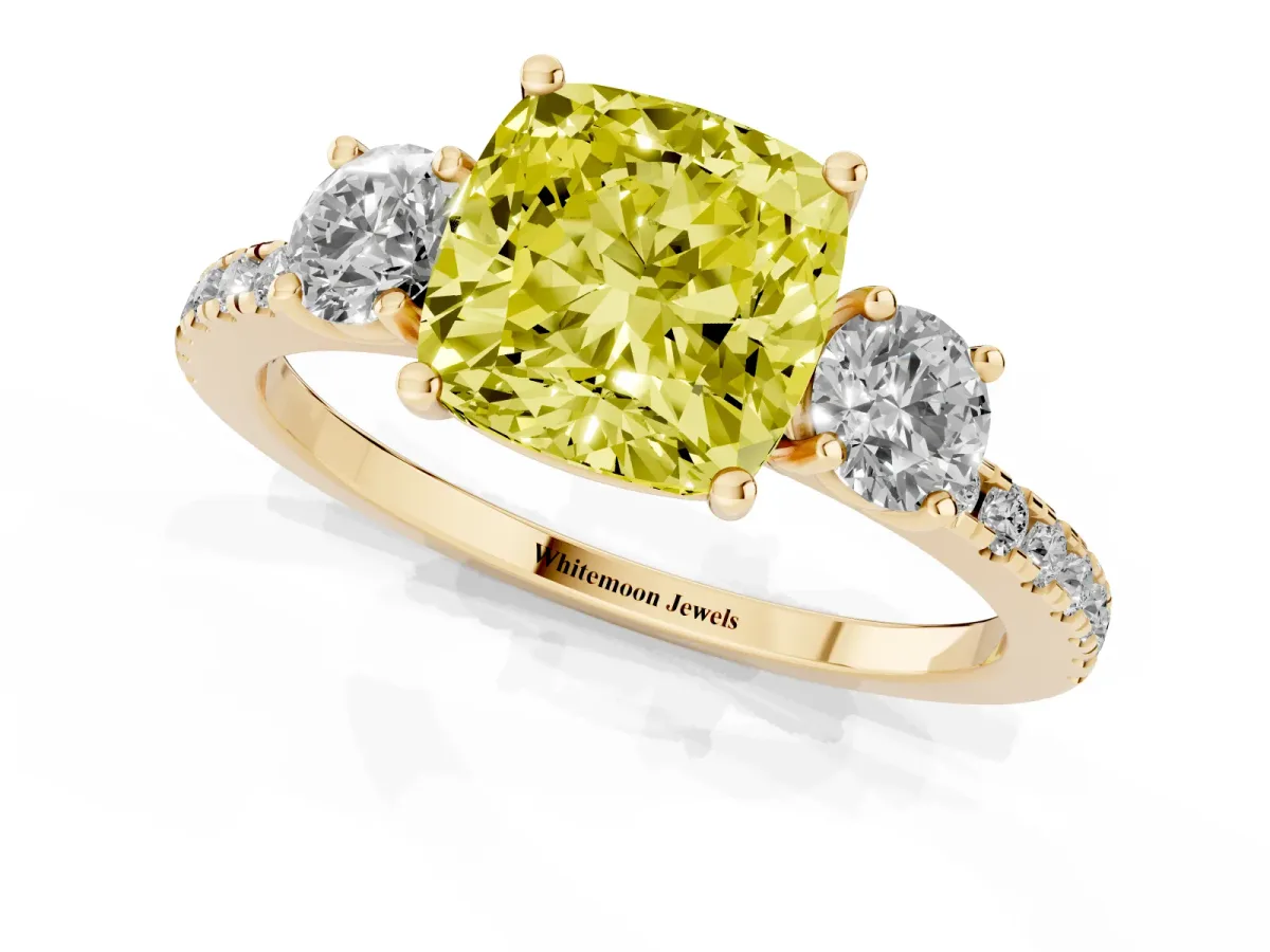 Fancy Yellow Three-Stone Cushion Cut Cut Diamond Pavé Band with Prong Setting Yellow gold