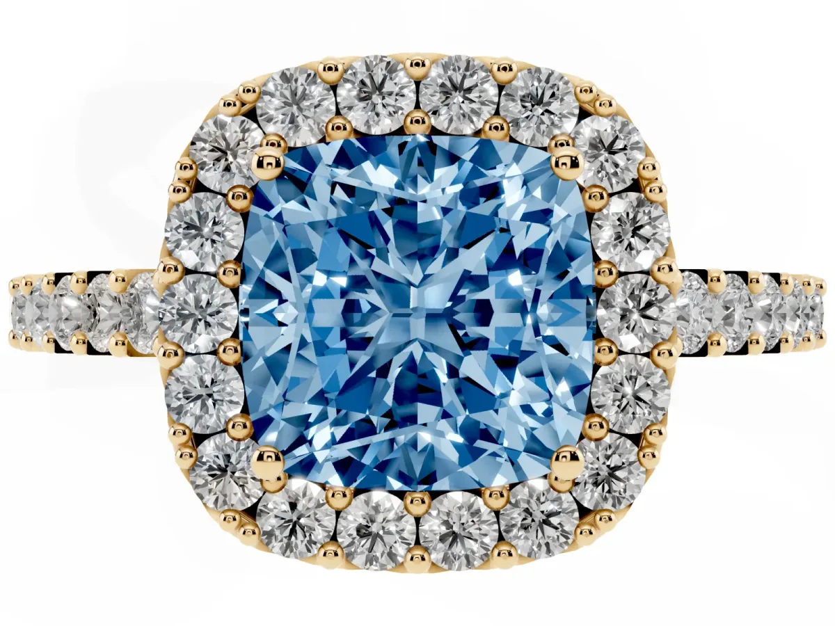 Fancy Blue Cushion Cut Halo Diamond Pavé Solitaire Ring Yellow gold
