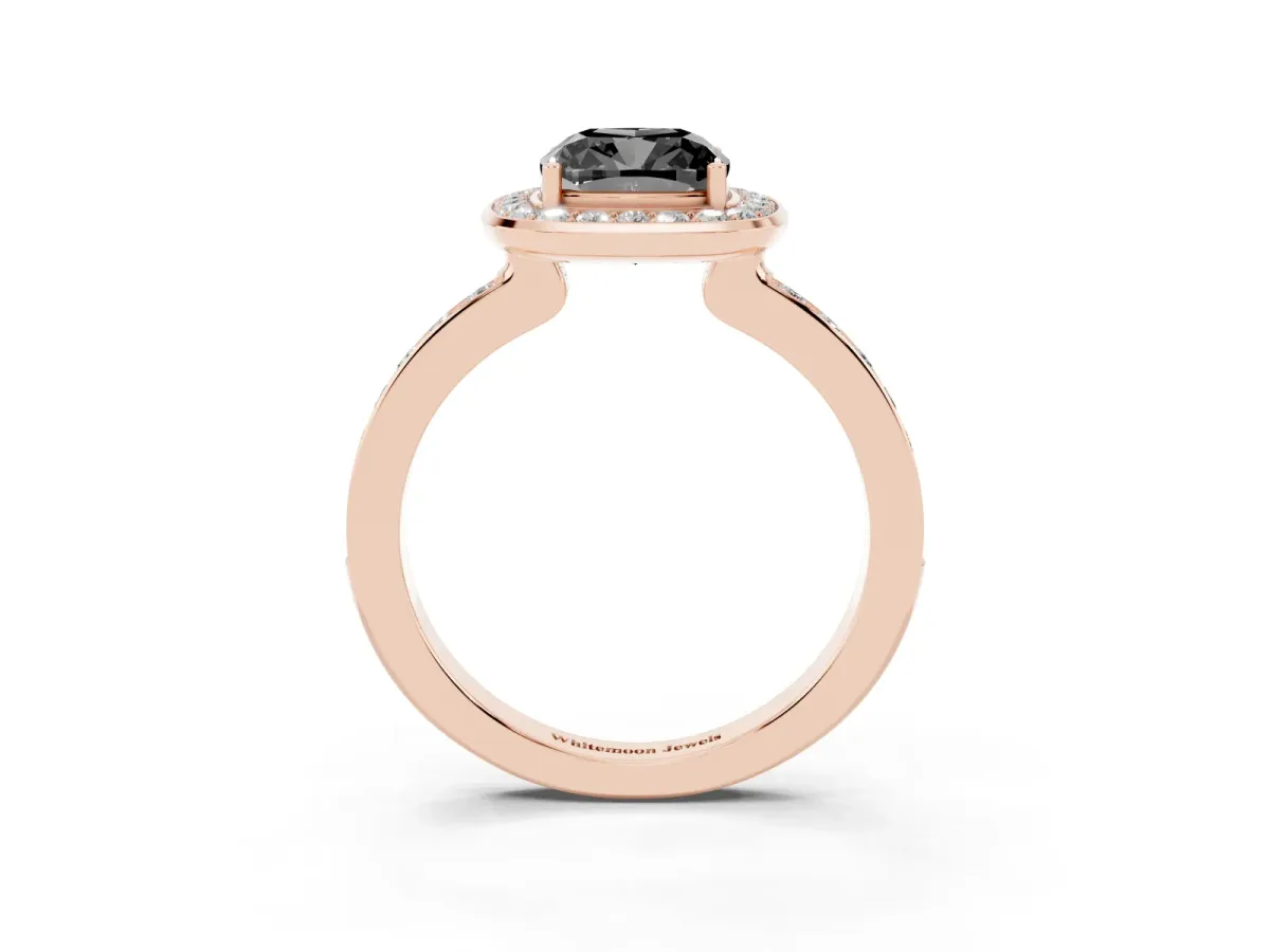 Fancy Black Cushion Cut Diamond Halo Ring with Bezel Frame and Pavé Band Rose gold