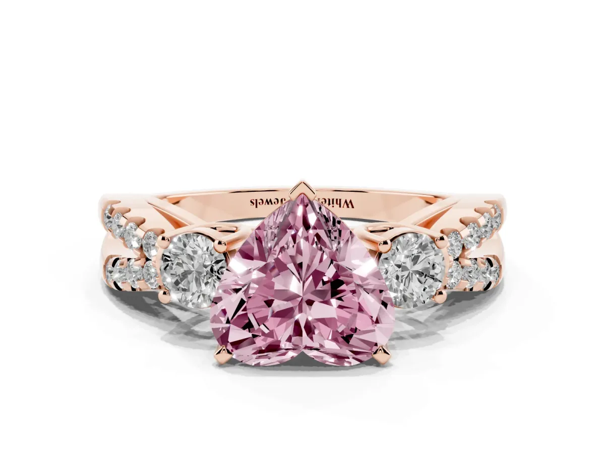 Fancy Pink Heart Cut Diamond Three-Stone Ring with Pavé Split Shank and Four-Prong Setting Rose gold