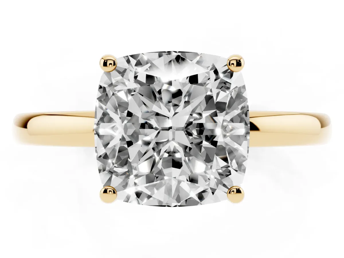 Cushion Cut Solitaire Diamond Ring with Prong Setting and Plain Band Yellow gold