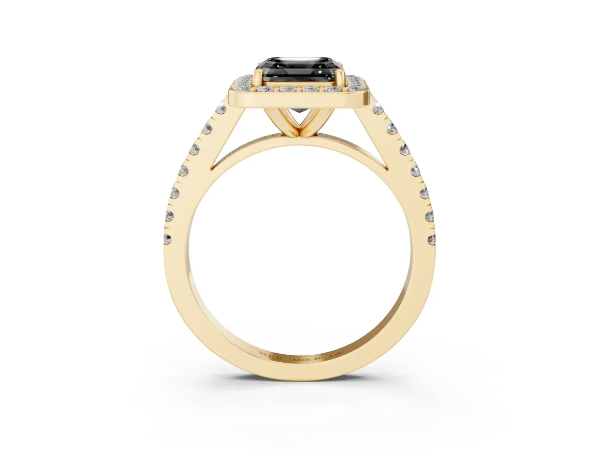 Fancy Black Asscher Cut Diamond Halo Ring with Round Pavé Split Shank and Prong Setting Yellow gold
