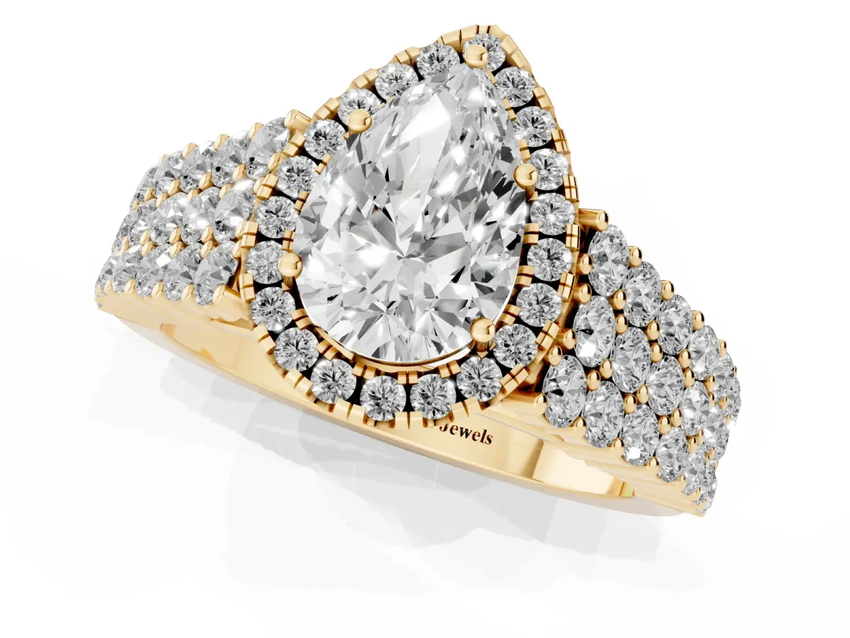 Pear Cut Diamond Halo Engagement Ring with Triple Row Round Pavé Band and Prong Setting Yellow gold