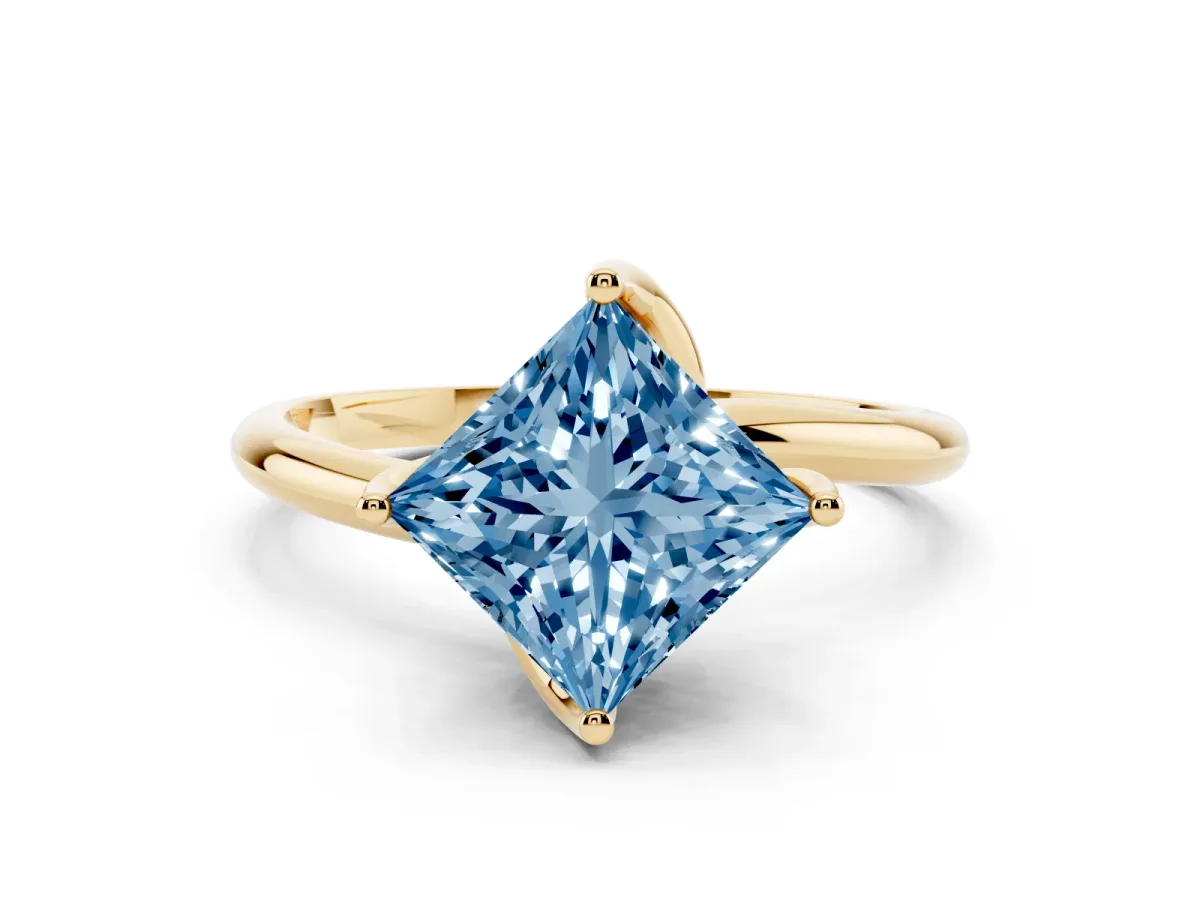 Fancy Blue Princess Cut Diamond Solitaire Engagement Ring with Four-Prong Setting and Classic Band Yellow gold