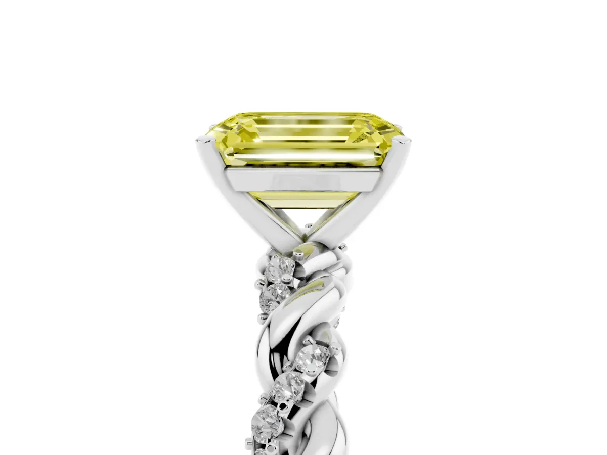Fancy Yellow Emerald Cut Diamond Solitaire Ring with Twisted Band and Pavé Accents Platinum