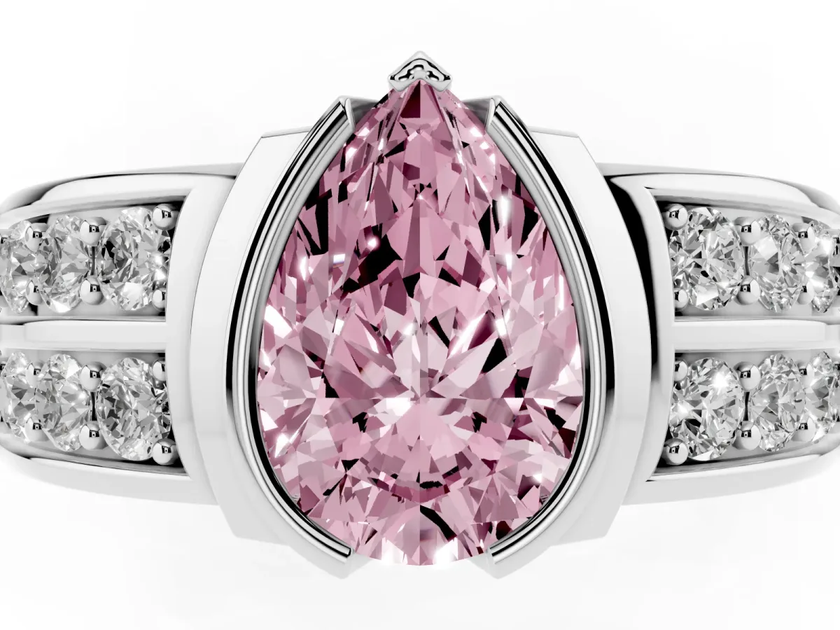 Fancy Pink Pear Cut Brilliant Diamond Channel Set Wide Band Ring with Bezel Setting Platinum