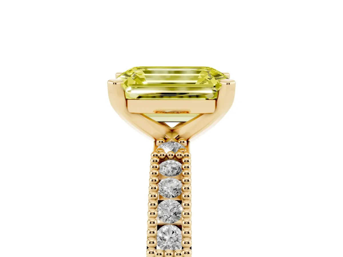 Fancy Yellow Emerald Cut Solitaire with Pavé Band and Four-Prong Setting Yellow gold