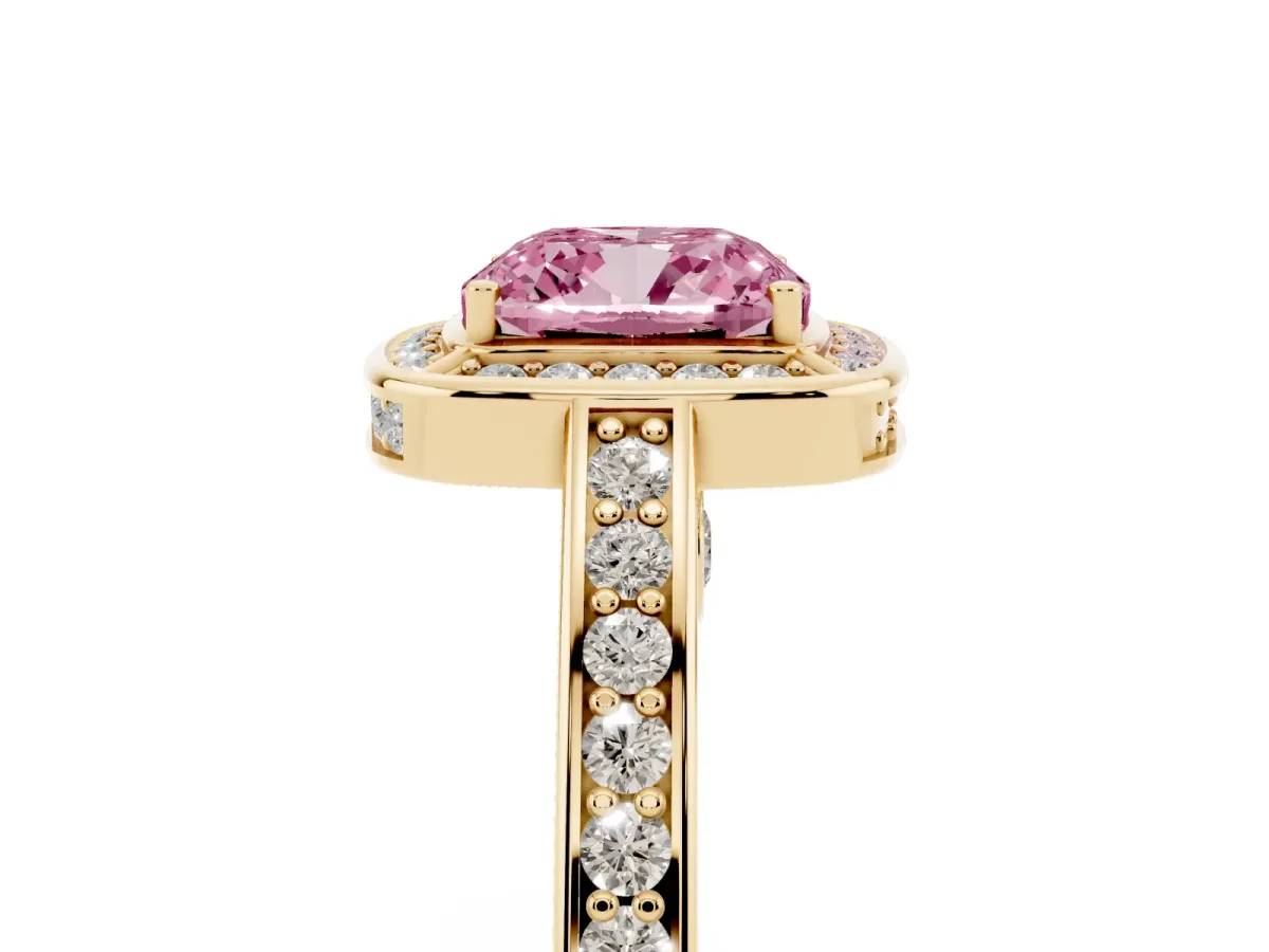 Fancy Pink Cushion Cut Cut Halo Pave Split Shank Prong Setting Ring Yellow gold