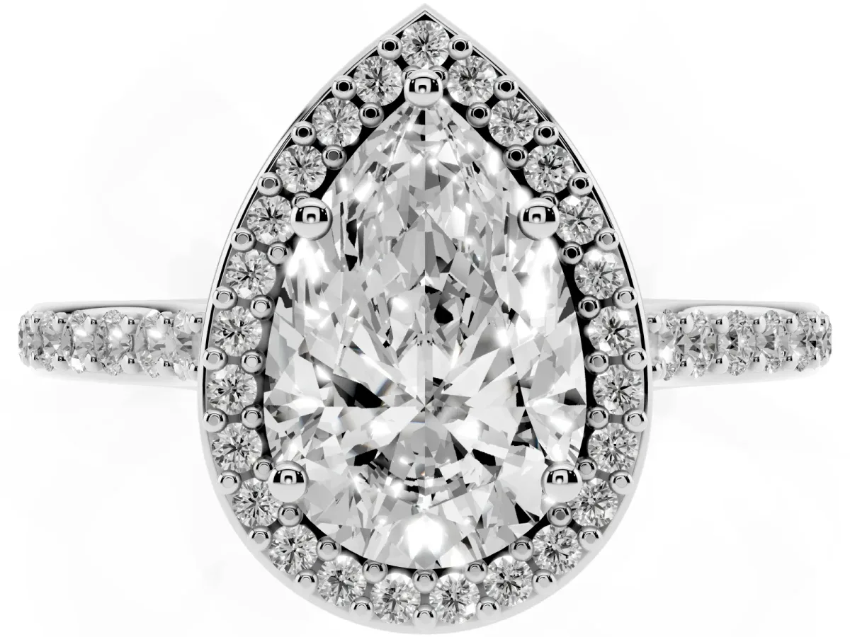 Pear Cut Diamond Halo Engagement Ring with Round Pavé Shoulders and Prong Setting Silver