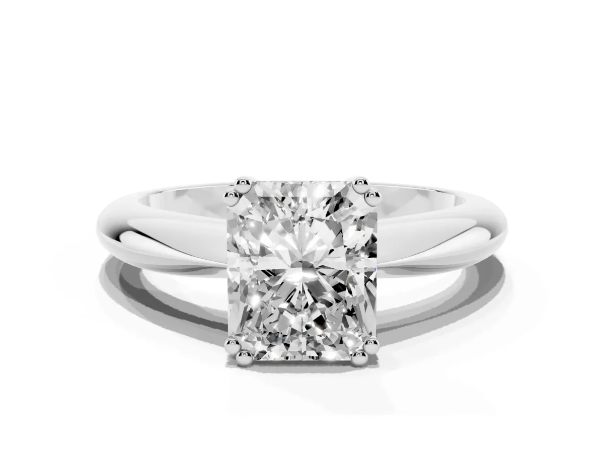 Radiant Cut Cut Solitaire Engagement Ring with Tapered Band and Four-Prong Setting Platinum