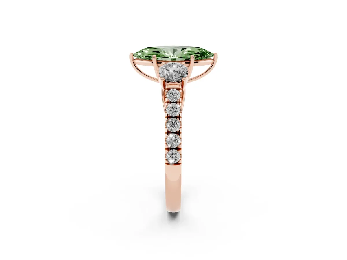 Fancy Green Marquise Cut Cut Diamond Three-Stone Ring with Round Side Stones and Pavé Band Rose gold