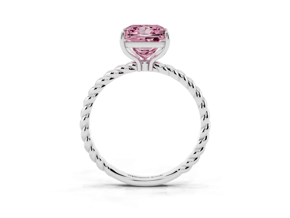 Fancy Pink Princess Cut Solitaire Twisted Band 4-Prong Ring Silver