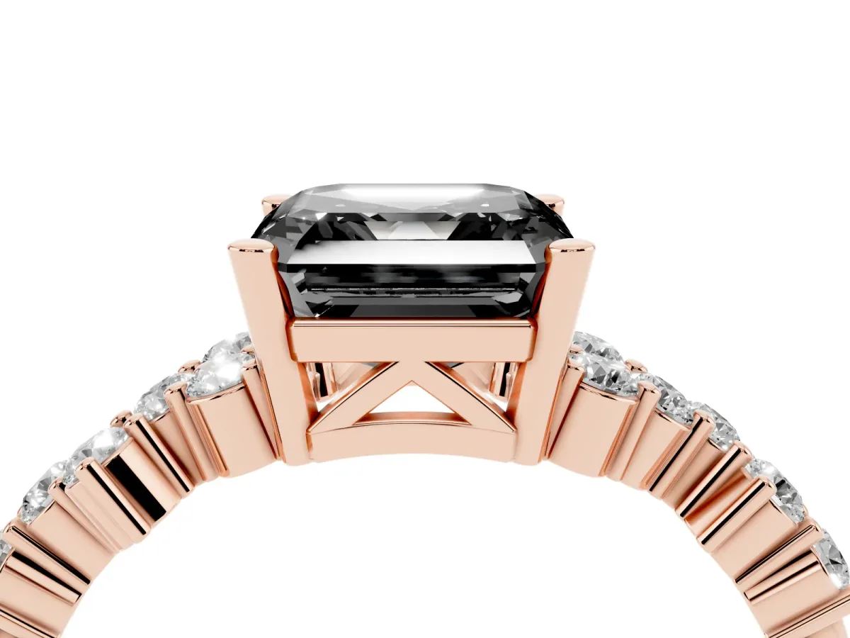 Fancy Black Asscher Cut Diamond Scattered Round Accent Ring with Prong Setting Rose gold