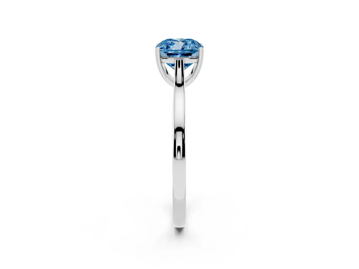 Fancy Blue Cushion Cut Solitaire Heart Prong Engagement Ring with Tapered Band White gold