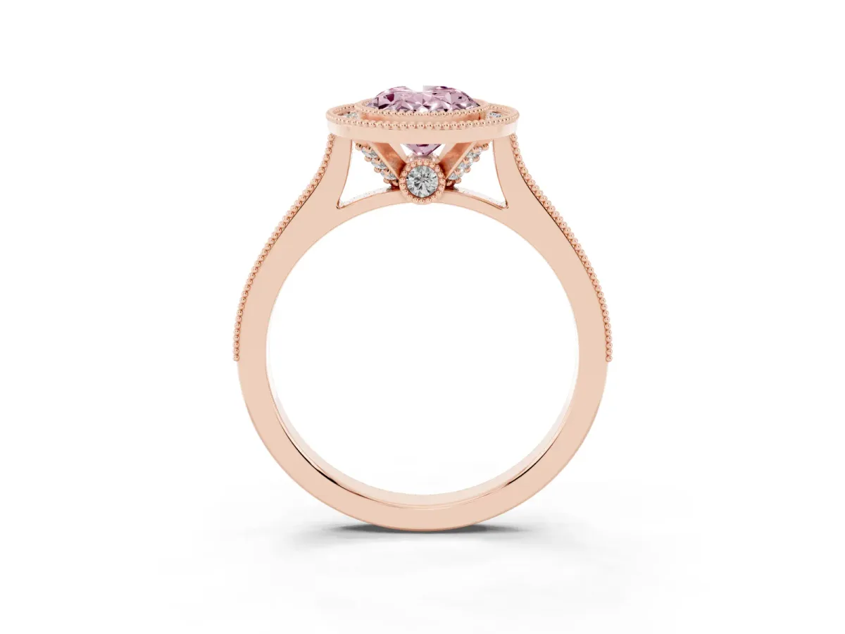 Fancy Pink Halo Oval Cut-Cut Diamond Pave Band Milgrain Prong Setting Ring Rose gold