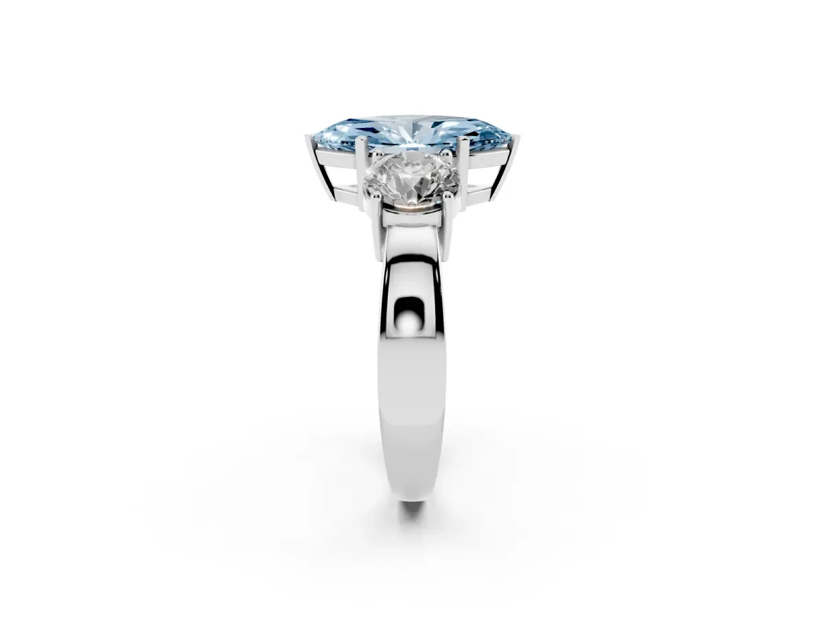 Fancy Blue Three-Stone Marquise Cut Diamond Ring with Round Side Stones, Classic Band, and Four-Prong Setting Platinum