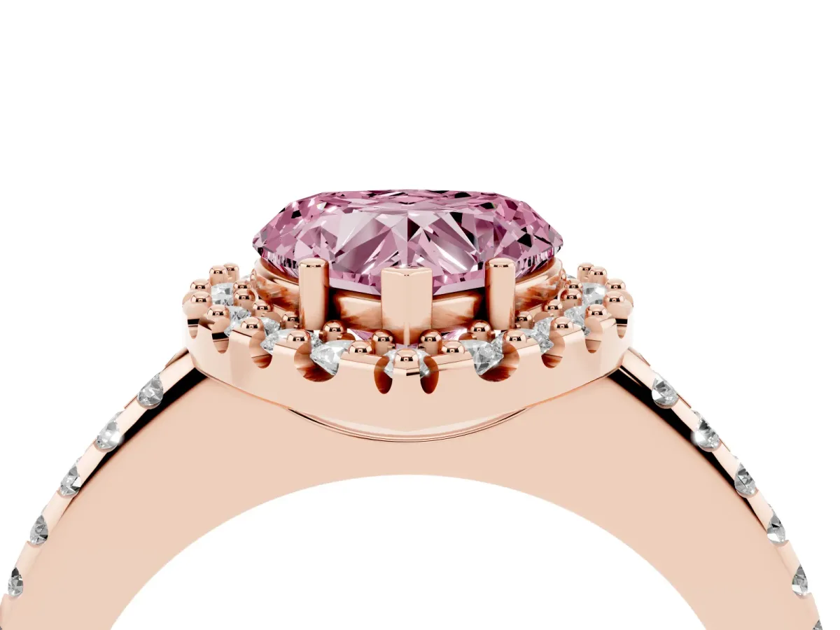 Fancy Pink Heart Cut Diamond Pavé Halo Ring with Four-Prong Setting Rose gold