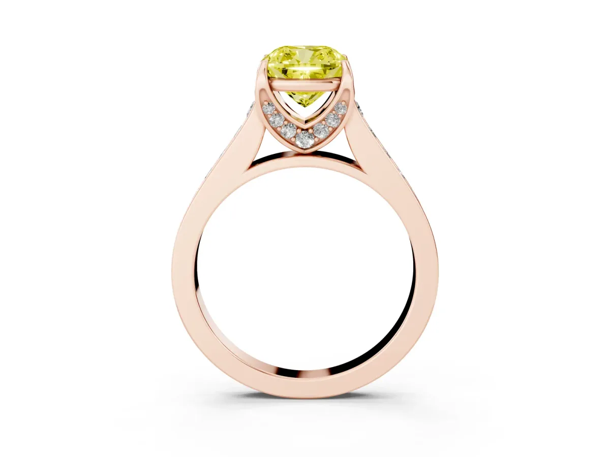 Fancy Yellow Cushion Cut Brilliant Cut Diamond Engagement Ring with Pavé Band and Four-Prong Setting Rose gold