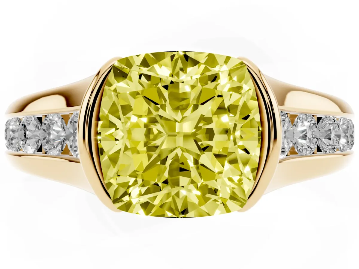 Fancy Yellow Cushion Cut Solitaire Bezel-Set Diamond Ring with Channel-Set Band Yellow gold