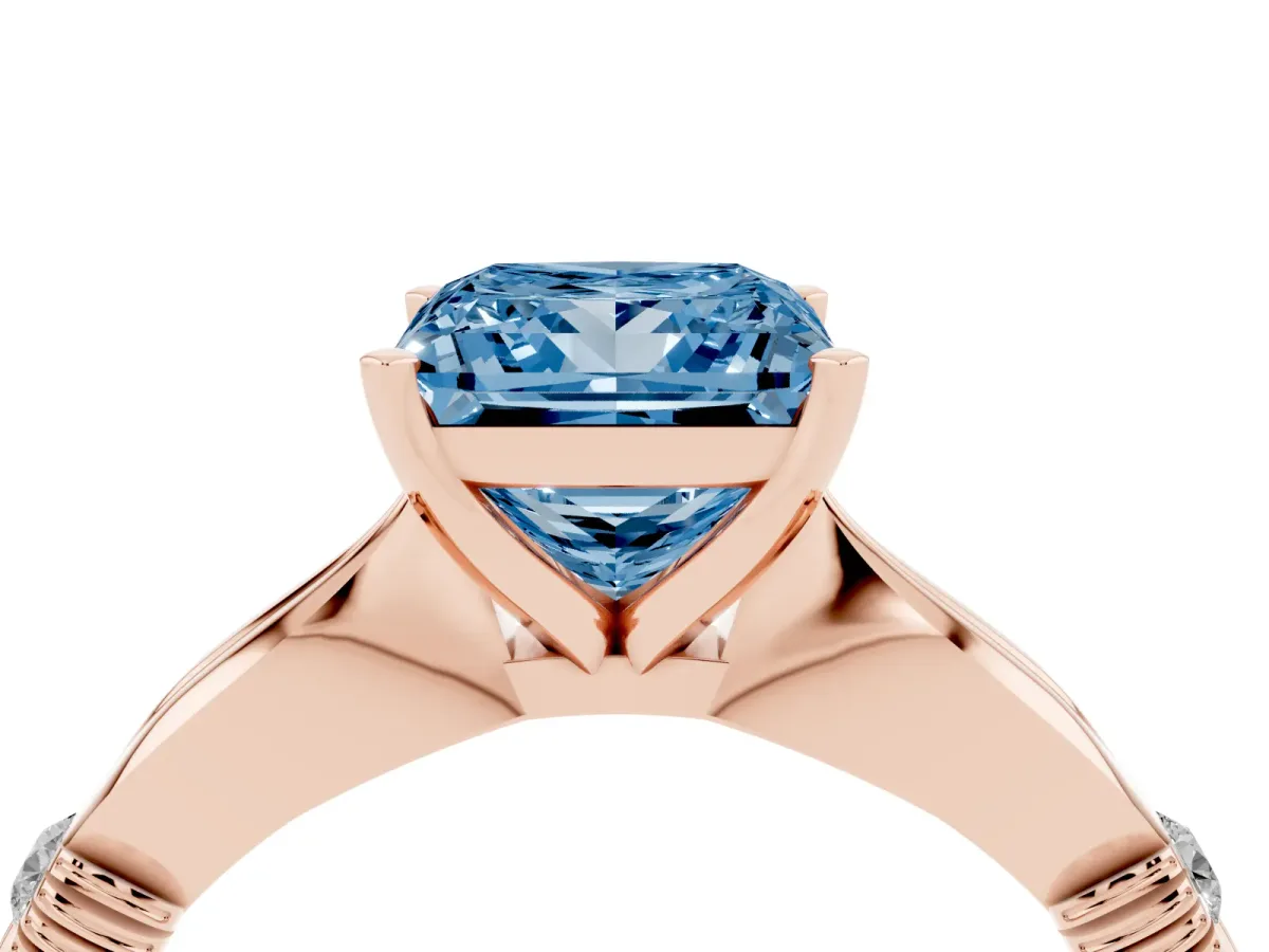 Fancy Blue Princess Cut Solitaire Diamond Twisted Band with Four-Prong Setting Rose gold