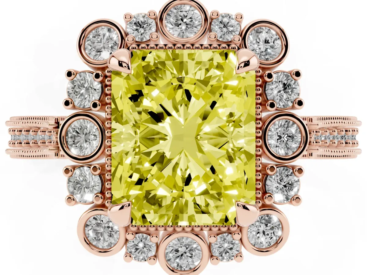 Fancy Yellow Radiant Cut Halo Milgrain Pave Diamond Ring with Four-Prong Setting Rose gold