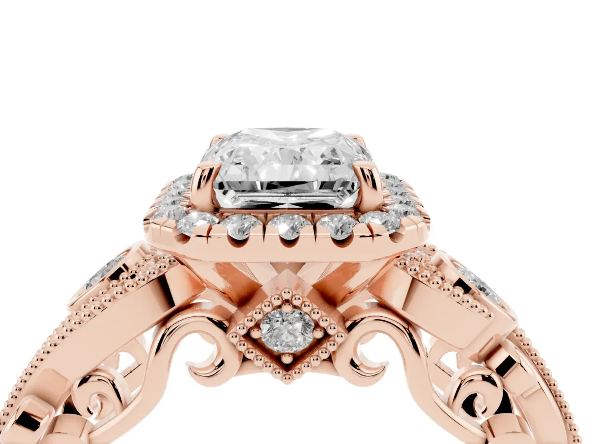 Radiant Cut Diamond Halo Ring with Milgrain Pavé Band and Four-Prong Setting Rose gold