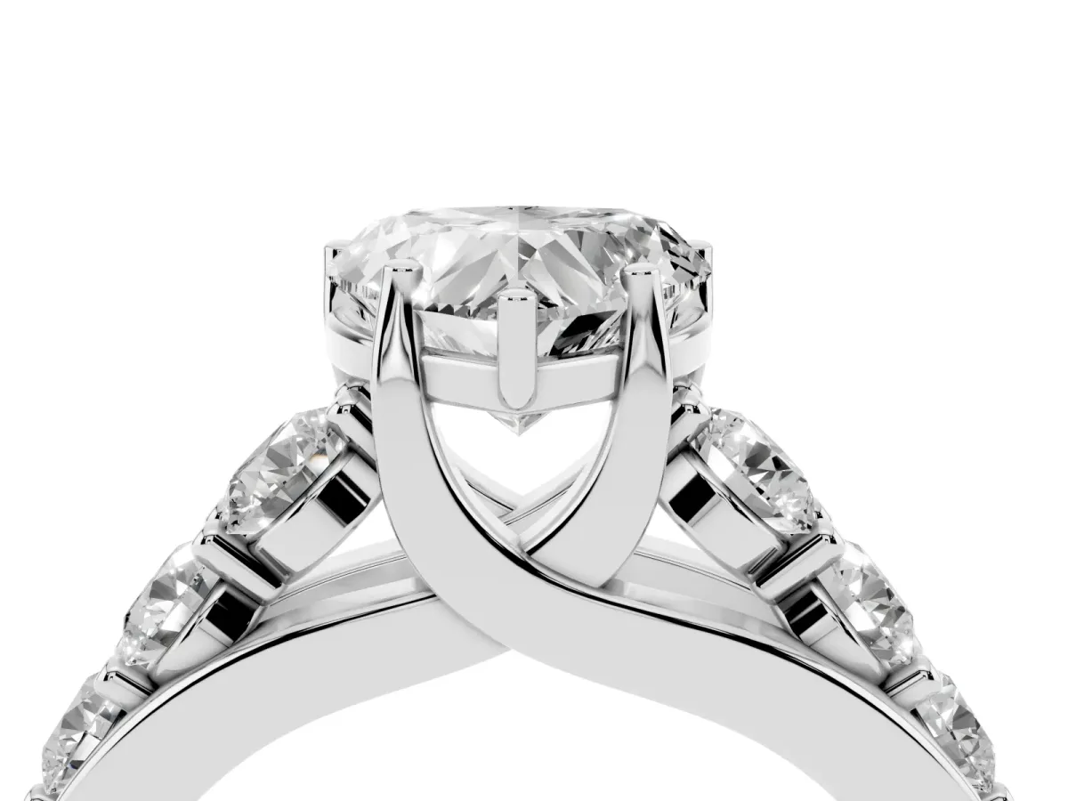 Heart Cut Diamond Engagement Ring with Pavé Band and Four-Prong Setting Silver
