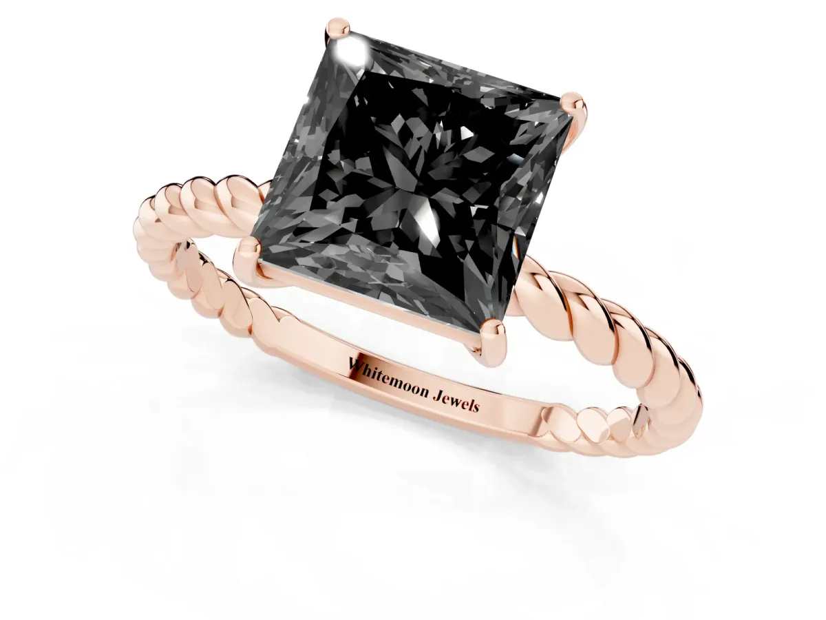 Fancy Black Princess Cut Solitaire Twisted Band 4-Prong Ring Rose gold