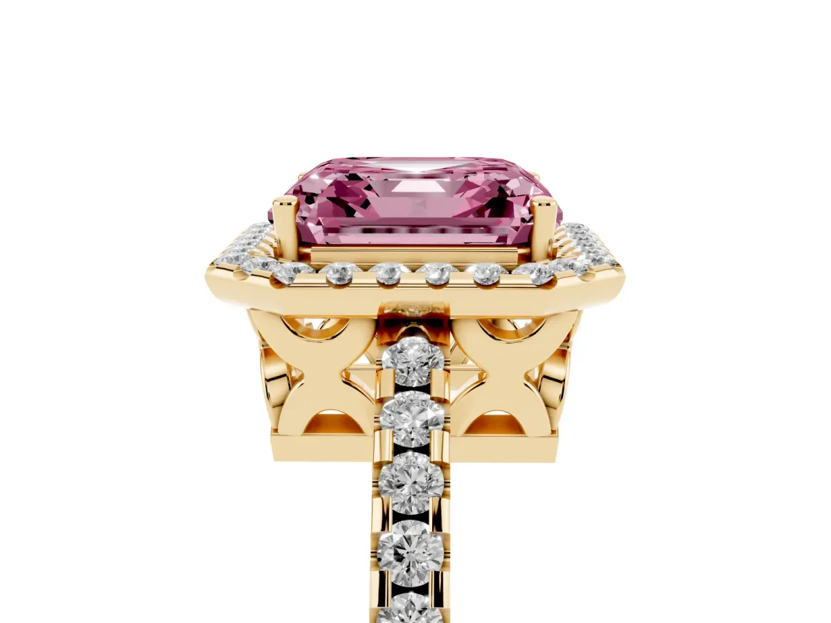Fancy Pink Asscher Cut Diamond Halo Engagement Ring with Pavé Band and Prong Setting Yellow gold