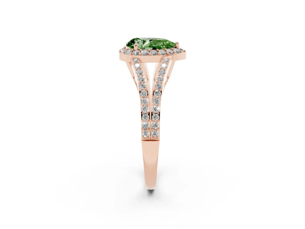 Fancy Green Pear Cut Halo Split Shank Pave Diamond Ring with Four-Prong Setting Rose gold